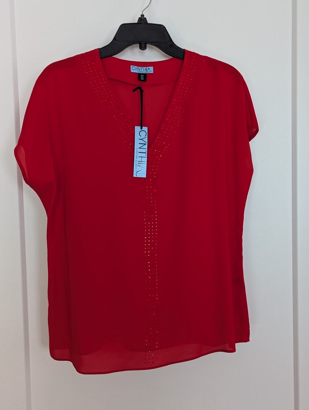 NWT Cynthia Rowley Red Rhinestone V-Neck Blouse M Glam Sparkle Cocktail